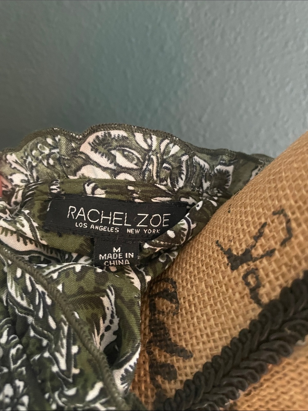Rachel Zoe Olive & White Paisley Tie-Neck Long Sleeve Dress with Blue Border - Picture 4 of 5